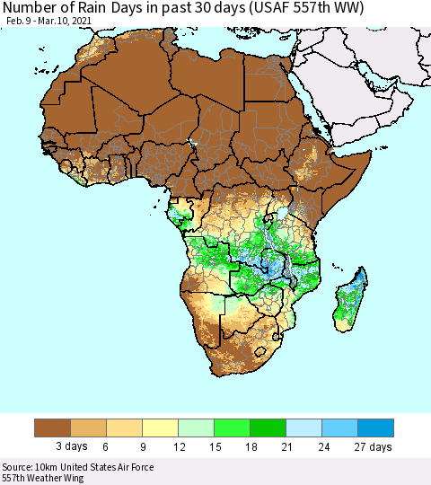 Africa Number of Rain Days in past 30 days (USAF 557th WW) 03/10/2021 Thematic Map For 3/6/2021 - 3/10/2021