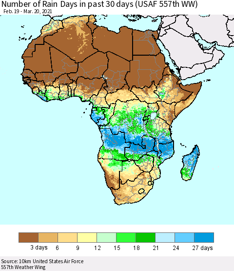Africa Number of Rain Days in past 30 days (USAF 557th WW) 03/20/2021 Thematic Map For 3/16/2021 - 3/20/2021