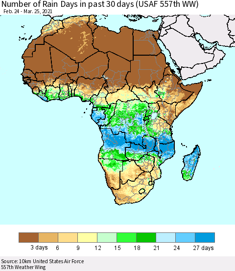 Africa Number of Rain Days in past 30 days (USAF 557th WW) 03/25/2021 Thematic Map For 3/21/2021 - 3/25/2021