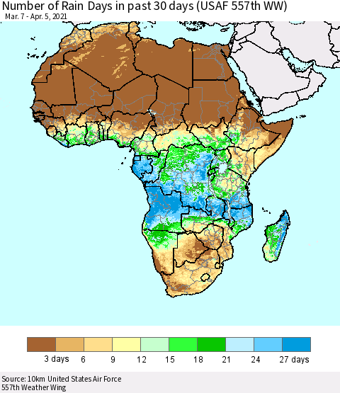 Africa Number of Rain Days in past 30 days (USAF 557th WW) 04/05/2021 Thematic Map For 4/1/2021 - 4/5/2021