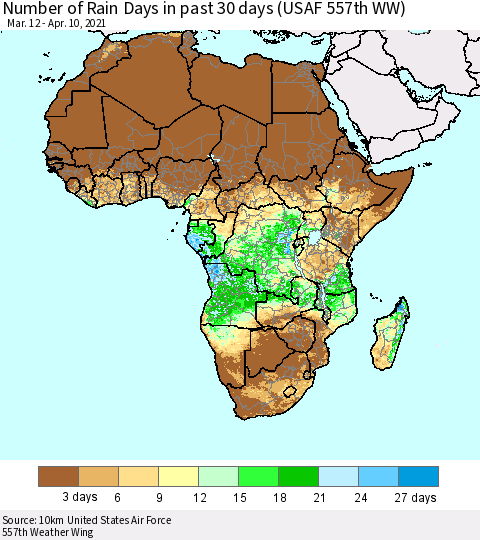 Africa Number of Rain Days in past 30 days (USAF 557th WW) 04/10/2021 Thematic Map For 4/6/2021 - 4/10/2021