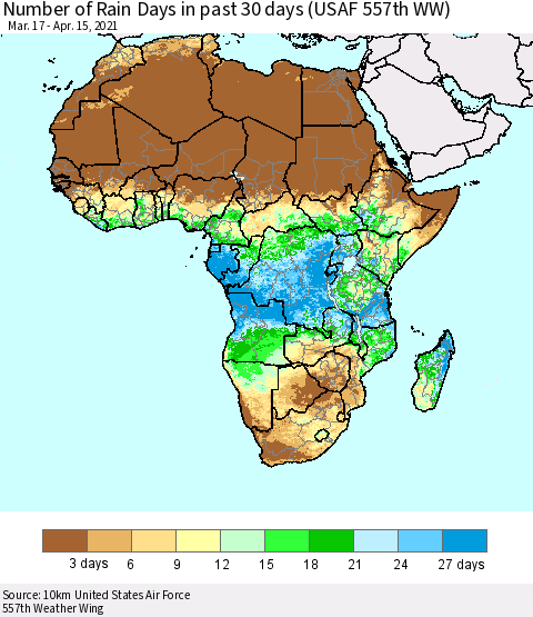 Africa Number of Rain Days in past 30 days (USAF 557th WW) 04/15/2021 Thematic Map For 4/11/2021 - 4/15/2021