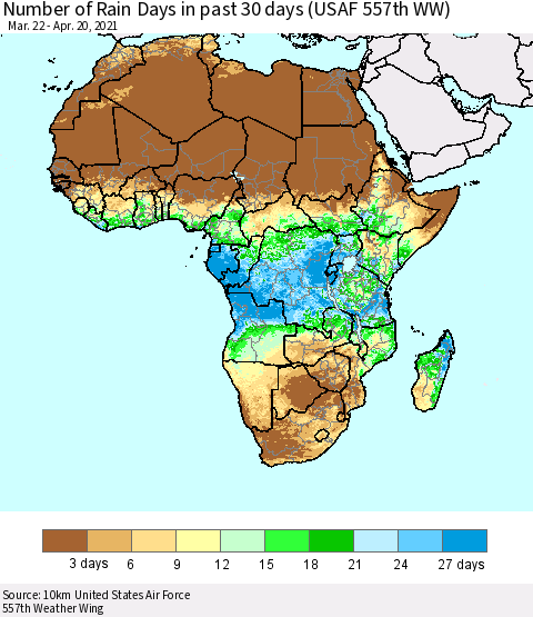 Africa Number of Rain Days in past 30 days (USAF 557th WW) 04/20/2021 Thematic Map For 4/16/2021 - 4/20/2021