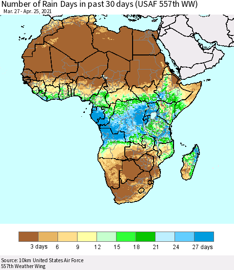 Africa Number of Rain Days in past 30 days (USAF 557th WW) 04/25/2021 Thematic Map For 4/21/2021 - 4/25/2021