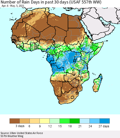 Africa Number of Rain Days in past 30 days (USAF 557th WW) 05/05/2021 Thematic Map For 5/1/2021 - 5/5/2021