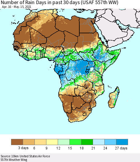 Africa Number of Rain Days in past 30 days (USAF 557th WW) 05/15/2021 Thematic Map For 5/11/2021 - 5/15/2021