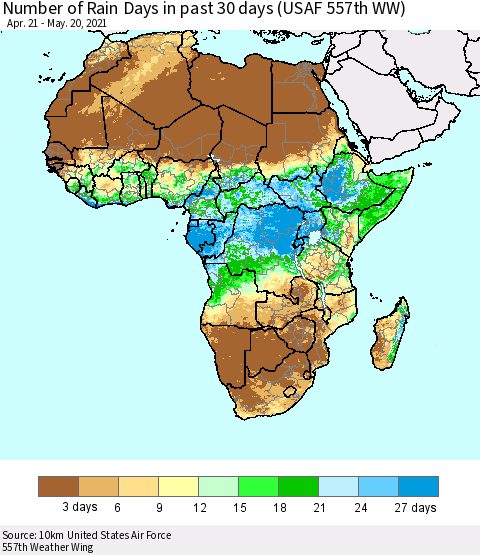 Africa Number of Rain Days in past 30 days (USAF 557th WW) 05/20/2021 Thematic Map For 5/16/2021 - 5/20/2021