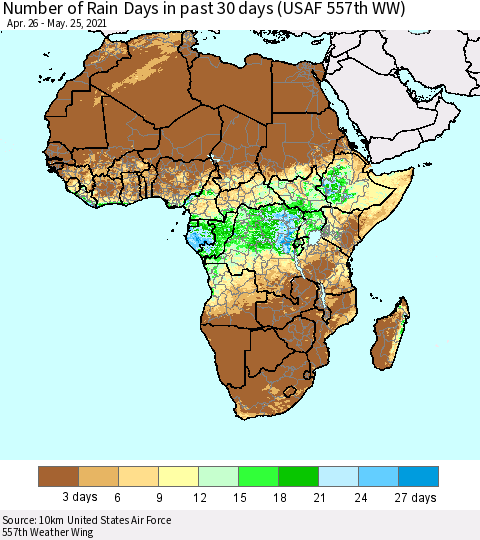 Africa Number of Rain Days in past 30 days (USAF 557th WW) 05/25/2021 Thematic Map For 5/21/2021 - 5/25/2021