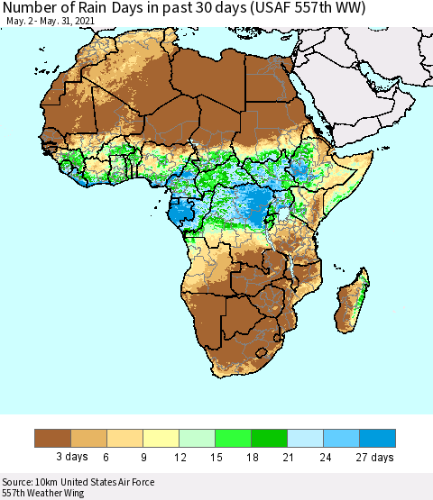 Africa Number of Rain Days in past 30 days (USAF 557th WW) 05/31/2021 Thematic Map For 5/26/2021 - 5/31/2021