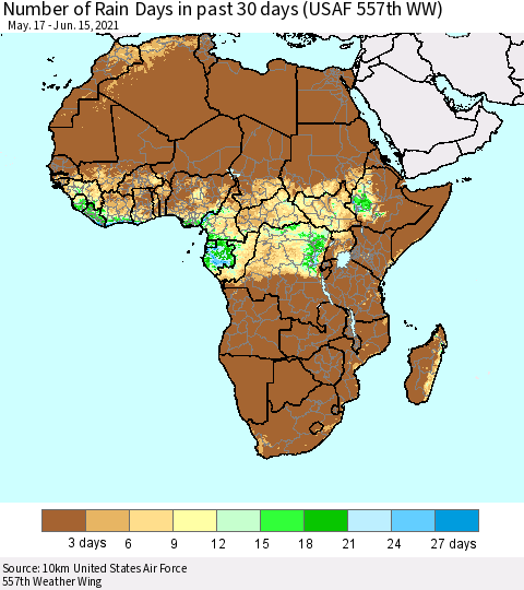 Africa Number of Rain Days in past 30 days (USAF 557th WW) 06/15/2021 Thematic Map For 6/11/2021 - 6/15/2021