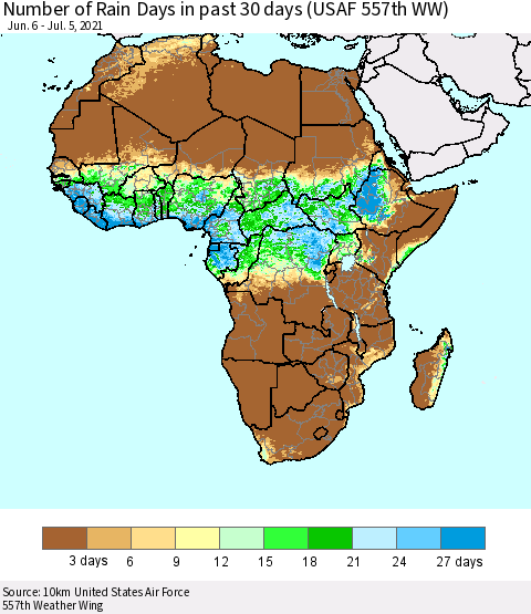 Africa Number of Rain Days in past 30 days (USAF 557th WW) 07/05/2021 Thematic Map For 7/1/2021 - 7/5/2021