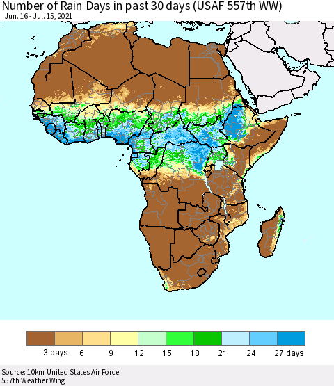 Africa Number of Rain Days in past 30 days (USAF 557th WW) 07/15/2021 Thematic Map For 7/11/2021 - 7/15/2021