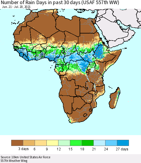 Africa Number of Rain Days in past 30 days (USAF 557th WW) 07/20/2021 Thematic Map For 7/16/2021 - 7/20/2021