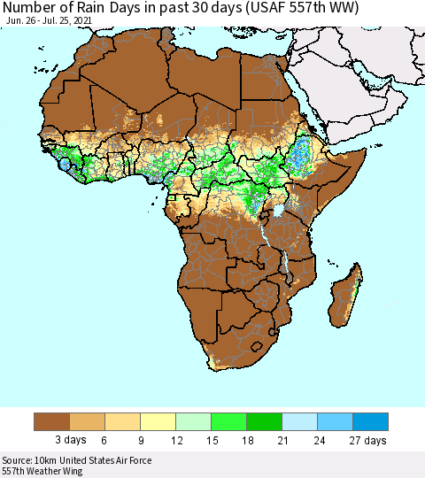 Africa Number of Rain Days in past 30 days (USAF 557th WW) 07/25/2021 Thematic Map For 7/21/2021 - 7/25/2021