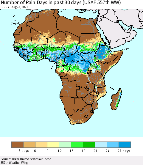Africa Number of Rain Days in past 30 days (USAF 557th WW) 08/05/2021 Thematic Map For 8/1/2021 - 8/5/2021