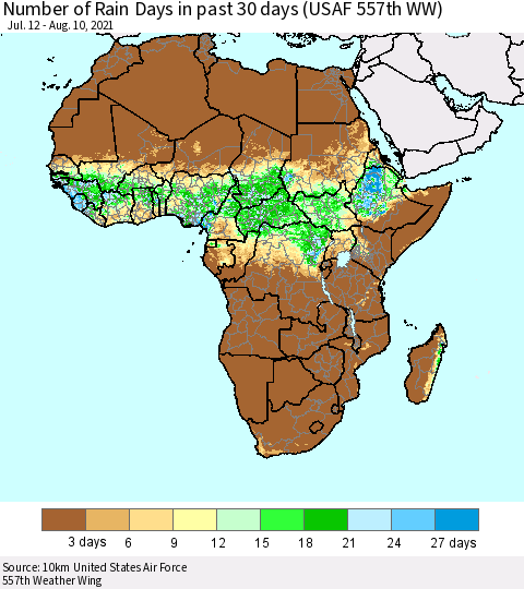 Africa Number of Rain Days in past 30 days (USAF 557th WW) 08/10/2021 Thematic Map For 8/6/2021 - 8/10/2021