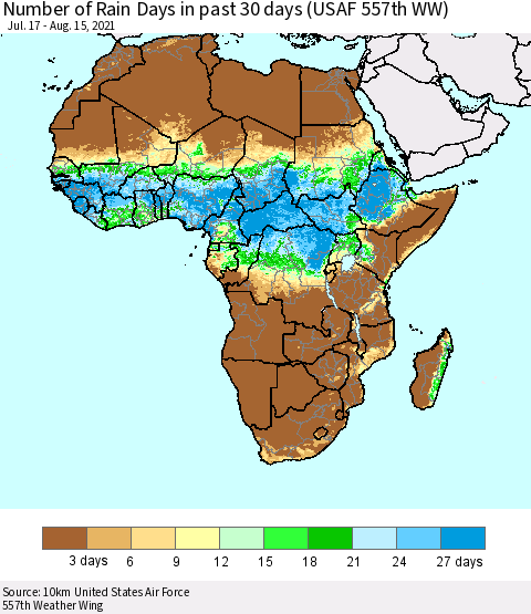 Africa Number of Rain Days in past 30 days (USAF 557th WW) 08/15/2021 Thematic Map For 8/11/2021 - 8/15/2021