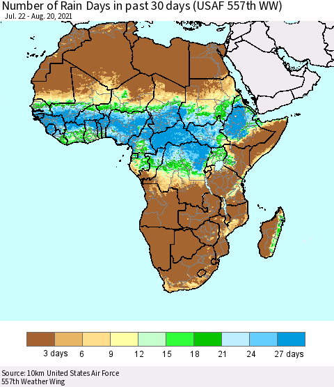 Africa Number of Rain Days in past 30 days (USAF 557th WW) 08/20/2021 Thematic Map For 8/16/2021 - 8/20/2021