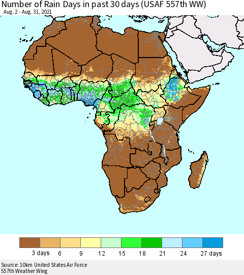 Africa Number of Rain Days in past 30 days (USAF 557th WW) 08/31/2021 Thematic Map For 8/26/2021 - 8/31/2021