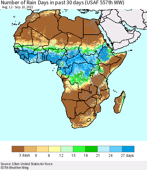 Africa Number of Rain Days in past 30 days (USAF 557th WW) 09/10/2021 Thematic Map For 9/6/2021 - 9/10/2021