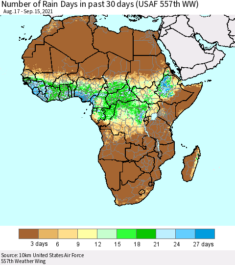 Africa Number of Rain Days in past 30 days (USAF 557th WW) 09/15/2021 Thematic Map For 9/11/2021 - 9/15/2021