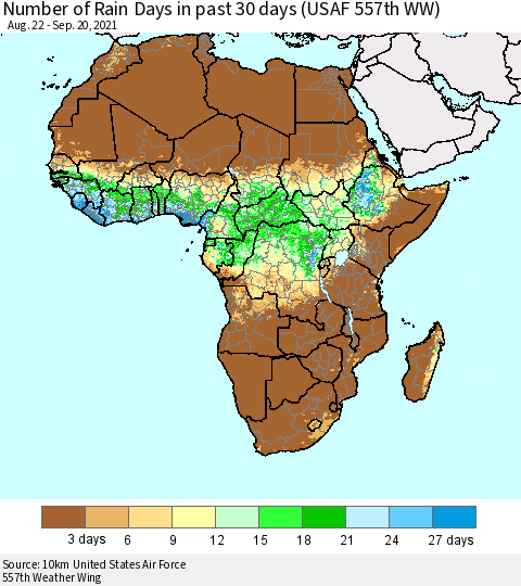 Africa Number of Rain Days in past 30 days (USAF 557th WW) 09/20/2021 Thematic Map For 9/16/2021 - 9/20/2021