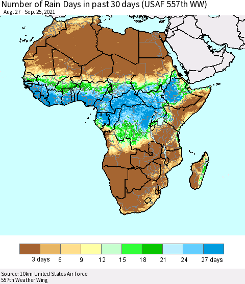 Africa Number of Rain Days in past 30 days (USAF 557th WW) 09/25/2021 Thematic Map For 9/21/2021 - 9/25/2021