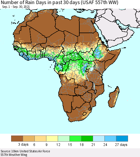 Africa Number of Rain Days in past 30 days (USAF 557th WW) 09/30/2021 Thematic Map For 9/26/2021 - 9/30/2021