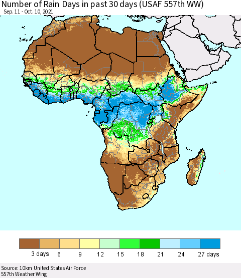 Africa Number of Rain Days in past 30 days (USAF 557th WW) 10/10/2021 Thematic Map For 10/6/2021 - 10/10/2021