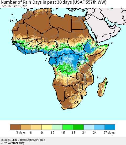 Africa Number of Rain Days in past 30 days (USAF 557th WW) 10/15/2021 Thematic Map For 10/11/2021 - 10/15/2021