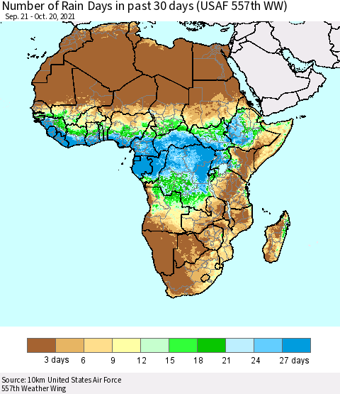 Africa Number of Rain Days in past 30 days (USAF 557th WW) 10/20/2021 Thematic Map For 10/16/2021 - 10/20/2021