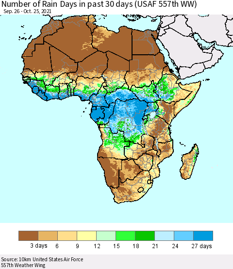 Africa Number of Rain Days in past 30 days (USAF 557th WW) 10/25/2021 Thematic Map For 10/21/2021 - 10/25/2021
