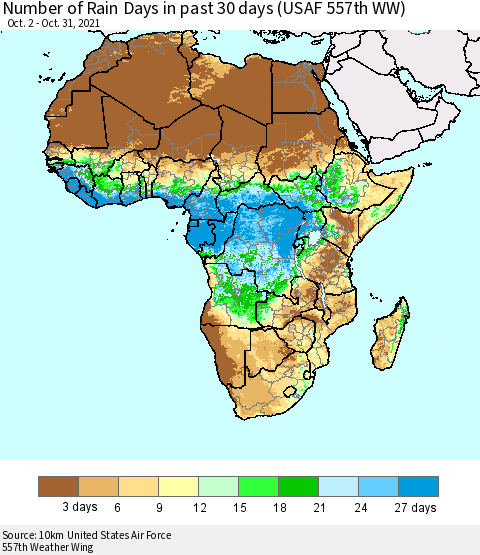 Africa Number of Rain Days in past 30 days (USAF 557th WW) 10/31/2021 Thematic Map For 10/26/2021 - 10/31/2021