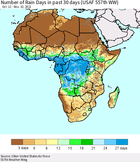 Africa Number of Rain Days in past 30 days (USAF 557th WW) 11/10/2021 Thematic Map For 11/6/2021 - 11/10/2021