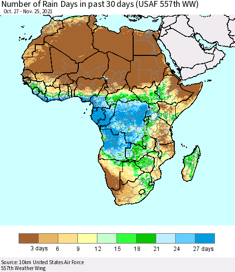 Africa Number of Rain Days in past 30 days (USAF 557th WW) 11/25/2021 Thematic Map For 11/21/2021 - 11/25/2021