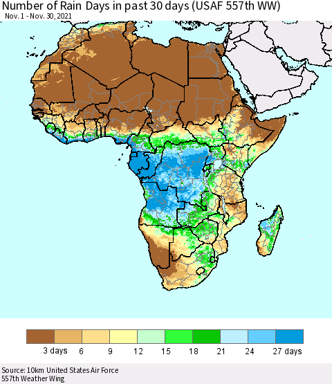 Africa Number of Rain Days in past 30 days (USAF 557th WW) 11/30/2021 Thematic Map For 11/26/2021 - 11/30/2021