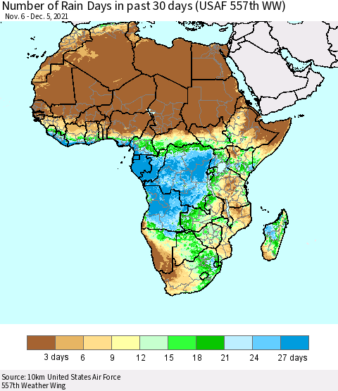 Africa Number of Rain Days in past 30 days (USAF 557th WW) 12/05/2021 Thematic Map For 12/1/2021 - 12/5/2021