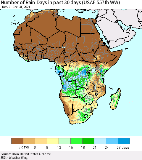 Africa Number of Rain Days in past 30 days (USAF 557th WW) 12/31/2021 Thematic Map For 12/26/2021 - 12/31/2021