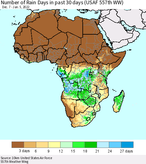 Africa Number of Rain Days in past 30 days (USAF 557th WW) 01/05/2022 Thematic Map For 1/1/2022 - 1/5/2022