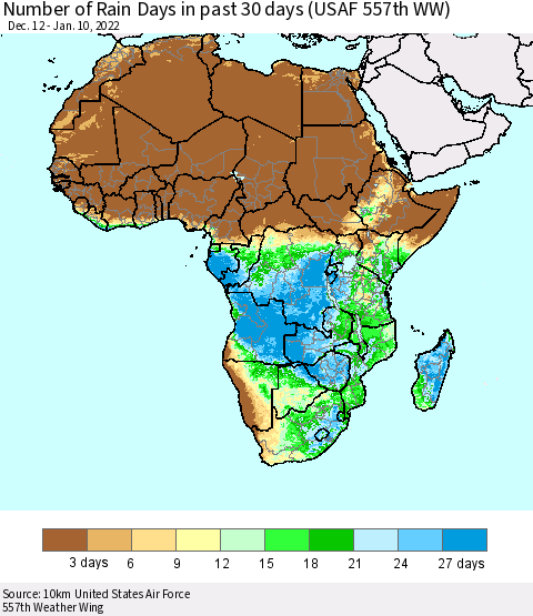 Africa Number of Rain Days in past 30 days (USAF 557th WW) 01/10/2022 Thematic Map For 1/6/2022 - 1/10/2022