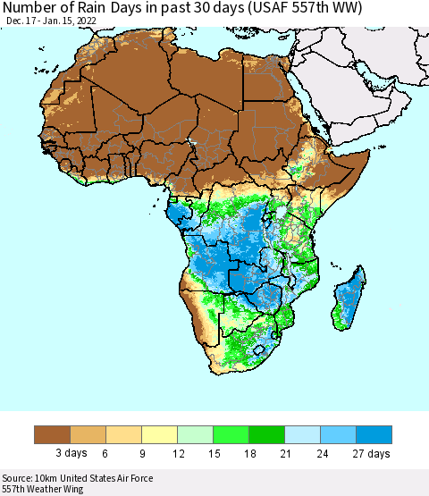 Africa Number of Rain Days in past 30 days (USAF 557th WW) 01/15/2022 Thematic Map For 1/11/2022 - 1/15/2022