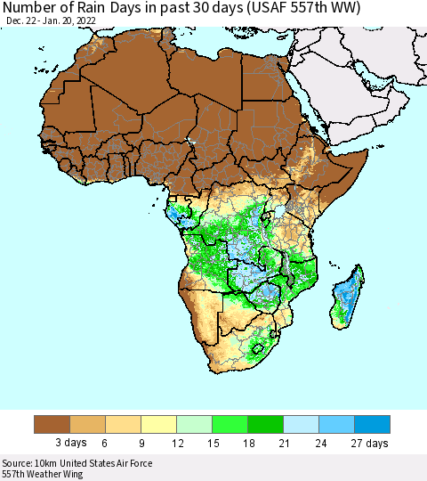 Africa Number of Rain Days in past 30 days (USAF 557th WW) 01/20/2022 Thematic Map For 1/16/2022 - 1/20/2022