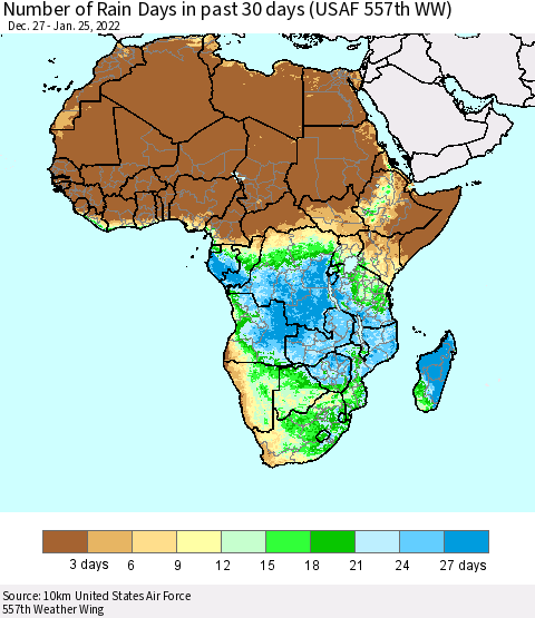 Africa Number of Rain Days in past 30 days (USAF 557th WW) 01/25/2022 Thematic Map For 1/21/2022 - 1/25/2022