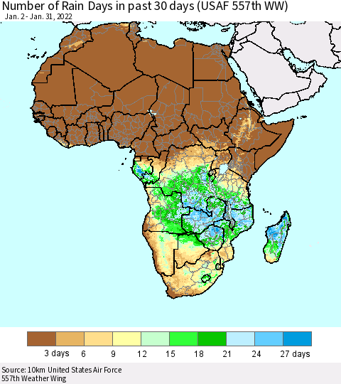 Africa Number of Rain Days in past 30 days (USAF 557th WW) 01/31/2022 Thematic Map For 1/26/2022 - 1/31/2022