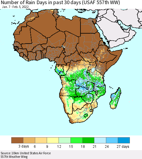 Africa Number of Rain Days in past 30 days (USAF 557th WW) 02/05/2022 Thematic Map For 2/1/2022 - 2/5/2022