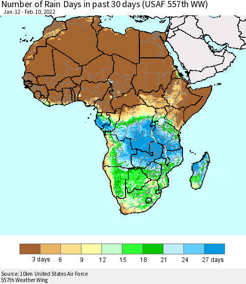 Africa Number of Rain Days in past 30 days (USAF 557th WW) 02/10/2022 Thematic Map For 2/6/2022 - 2/10/2022