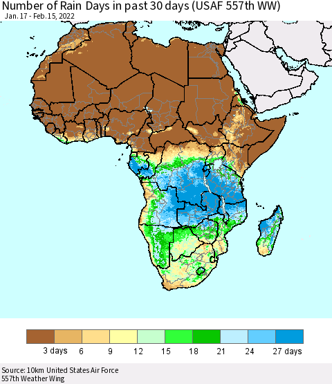 Africa Number of Rain Days in past 30 days (USAF 557th WW) 02/15/2022 Thematic Map For 2/11/2022 - 2/15/2022