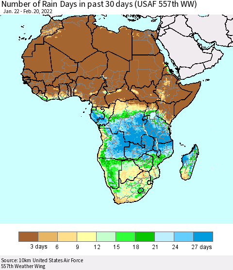 Africa Number of Rain Days in past 30 days (USAF 557th WW) 02/20/2022 Thematic Map For 2/16/2022 - 2/20/2022