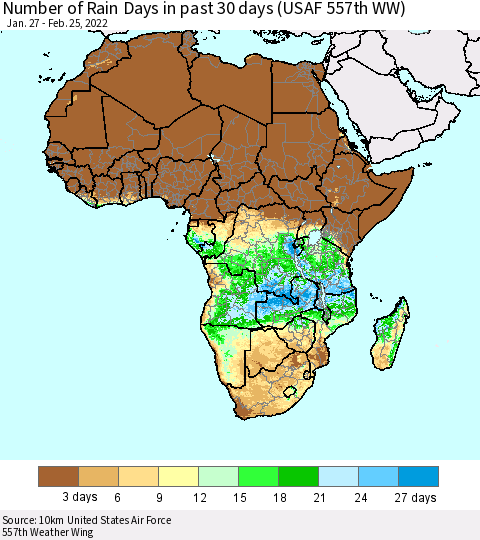 Africa Number of Rain Days in past 30 days (USAF 557th WW) 02/25/2022 Thematic Map For 2/21/2022 - 2/25/2022