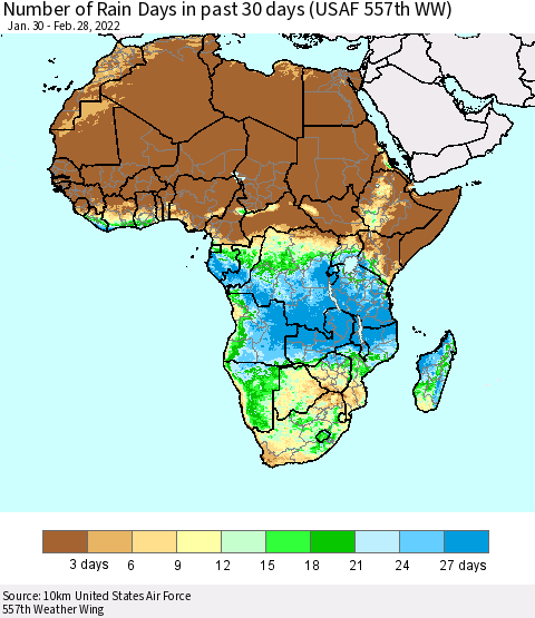 Africa Number of Rain Days in past 30 days (USAF 557th WW) 02/28/2022 Thematic Map For 2/26/2022 - 2/28/2022